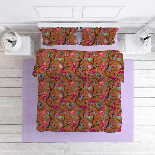 Chirping Bird cotton velvet bedcover in Rust