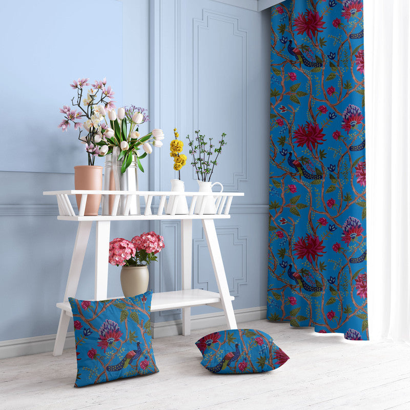 Indian Peacock velvet door curtains set of 2 in French Blue