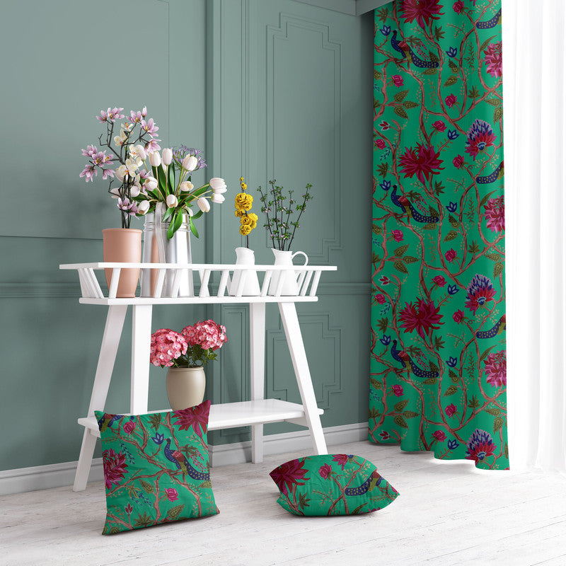 Indian Peacock velvet door curtains set of 2 in Mint