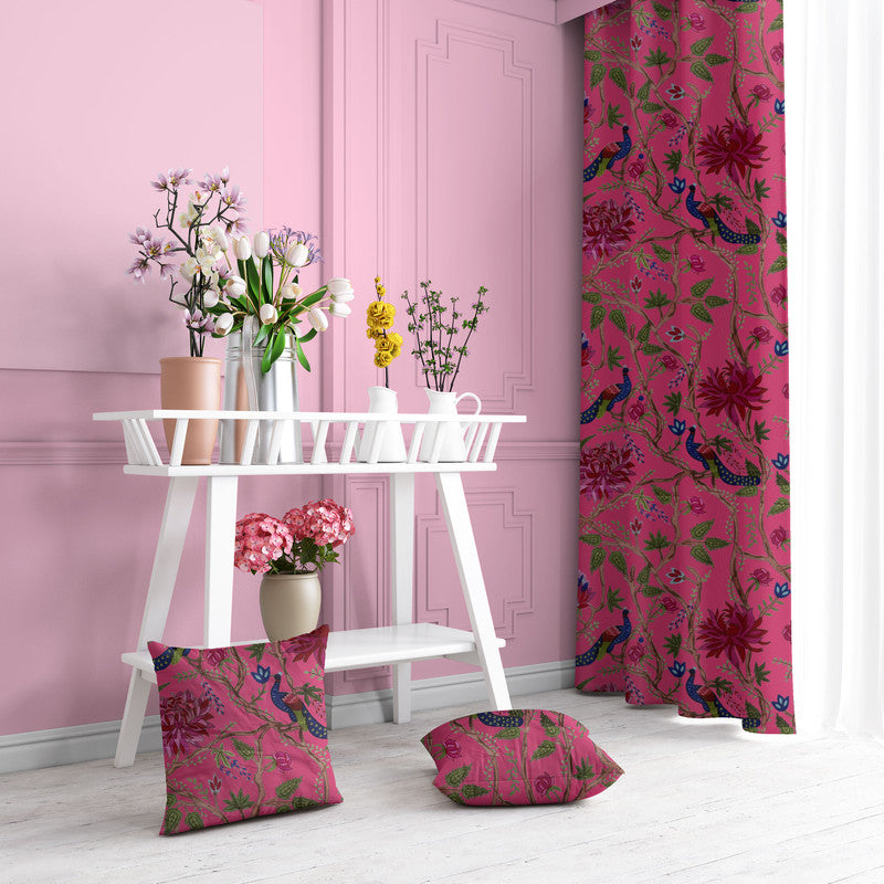 Indian Peacock velvet door curtains set of 2 in Raspberry Sorbet