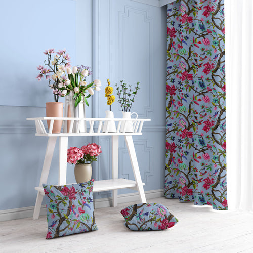 Chirping Bird velvet door curtains set of 2 in Cerulean