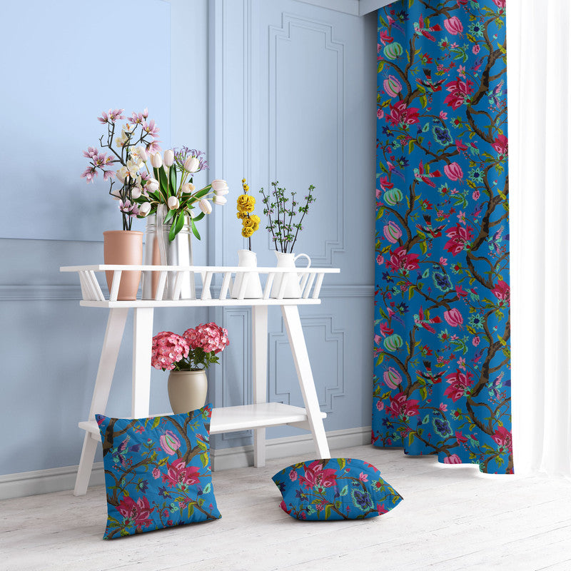 Chirping Bird velvet door curtains set of 2 in French Blue