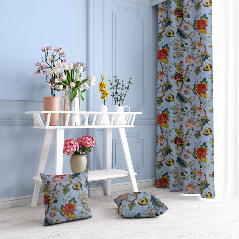Tree of Life velvet door curtains set of 2 in Cerulean